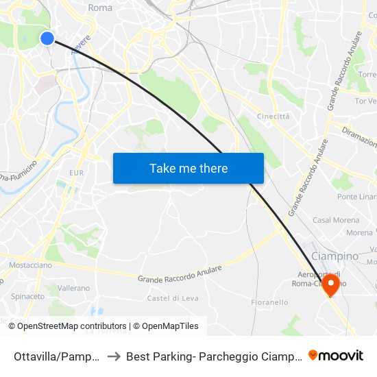 Ottavilla/Pamphili to Best Parking- Parcheggio Ciampino map