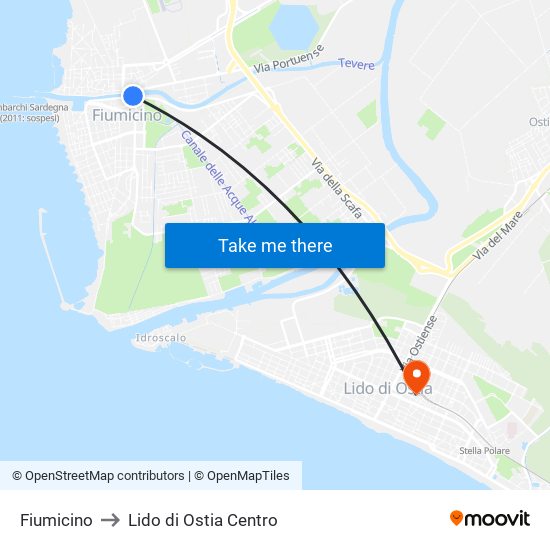 Fiumicino to Lido di Ostia Centro map