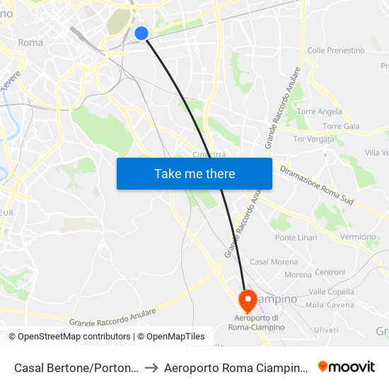 Casal Bertone/Portonaccio to Aeroporto Roma Ciampino (CIA) map