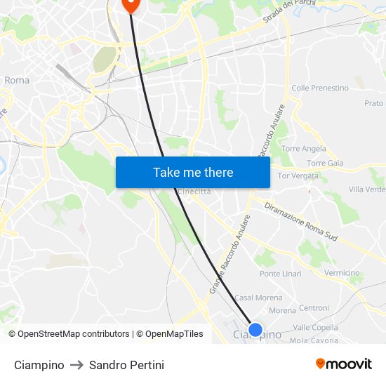 Ciampino to Sandro Pertini map