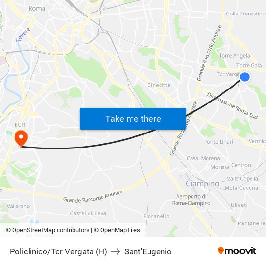 Policlinico/Tor Vergata (H) to Sant'Eugenio map
