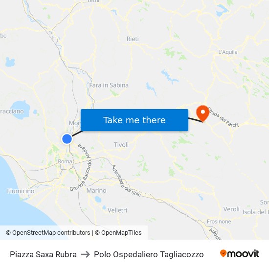 Piazza Saxa Rubra to Polo Ospedaliero Tagliacozzo map