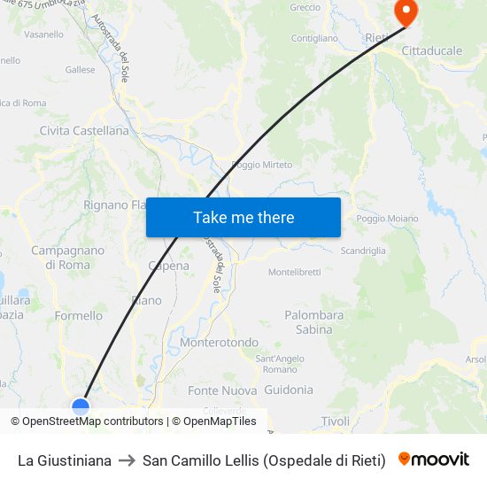 La Giustiniana to San Camillo Lellis (Ospedale di Rieti) map