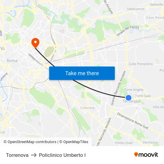 Torrenova to Policlinico Umberto I map