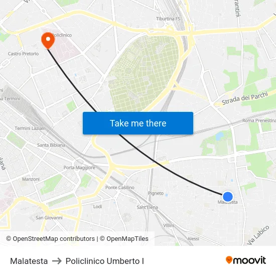 Malatesta to Policlinico Umberto I map