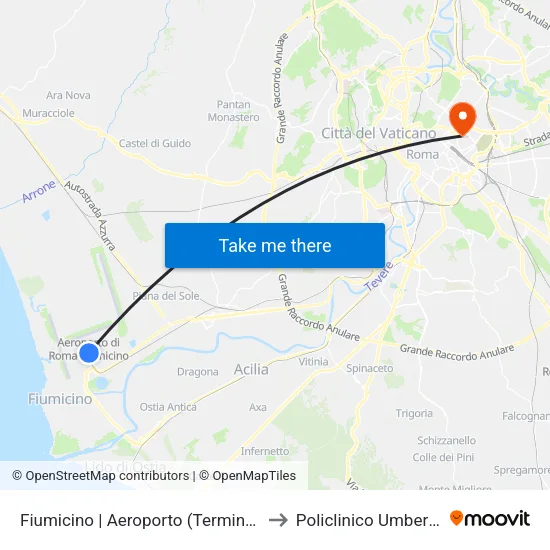 Fiumicino | Aeroporto (Terminal 1) to Policlinico Umberto I map