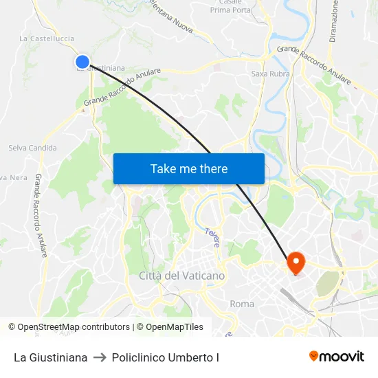 La Giustiniana to Policlinico Umberto I map
