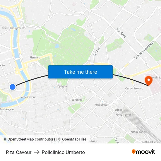 P.za Cavour to Policlinico Umberto I map