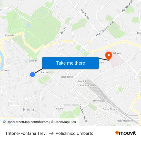 Tritone/Fontana Trevi to Policlinico Umberto I map