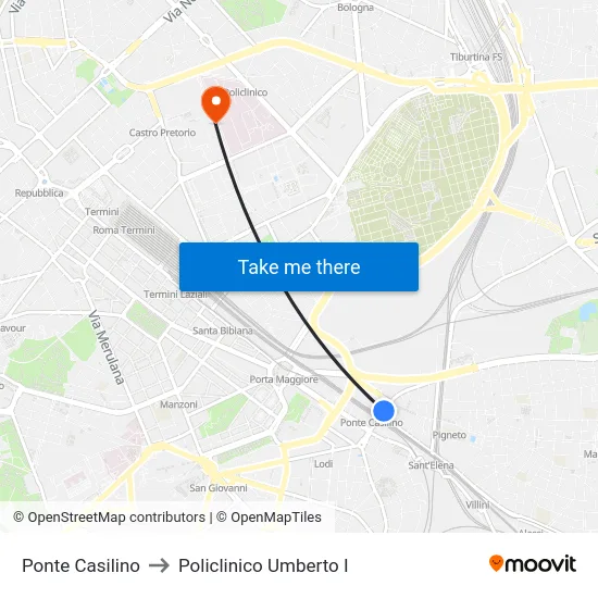 Ponte Casilino to Policlinico Umberto I map