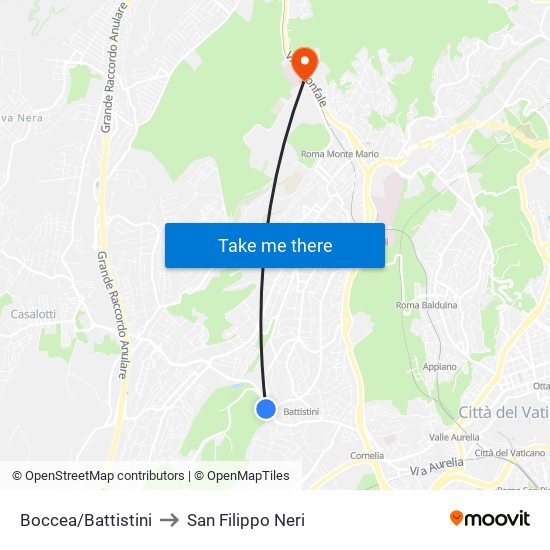 Boccea/Battistini to San Filippo Neri map
