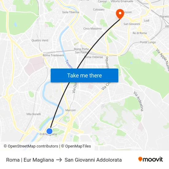 Roma | Eur Magliana to San Giovanni Addolorata map