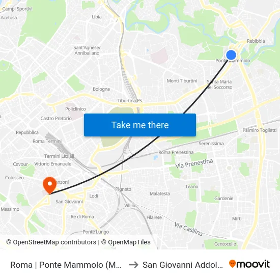 Roma | Ponte Mammolo (Metro B) to San Giovanni Addolorata map