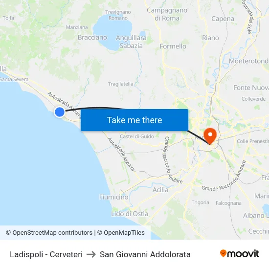 Ladispoli-Cerveteri to San Giovanni Addolorata map