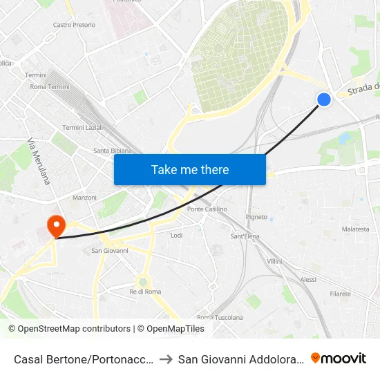 Casal Bertone/Portonaccio to San Giovanni Addolorata map