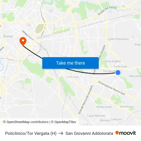 Policlinico/Tor Vergata (H) to San Giovanni Addolorata map