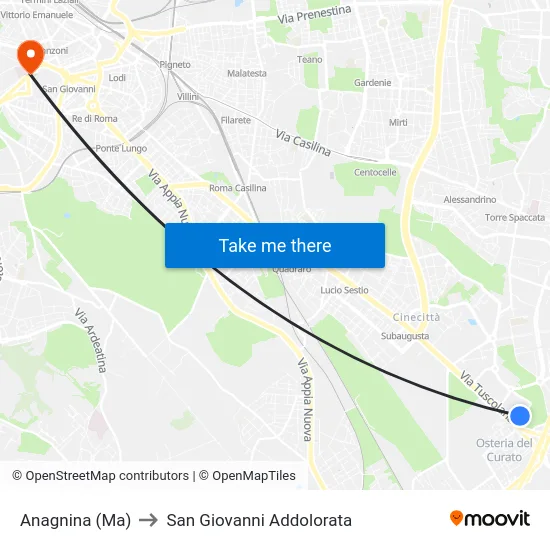 Anagnina (Ma) to San Giovanni Addolorata map