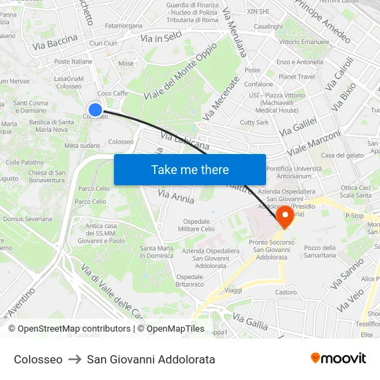 Colosseo to San Giovanni Addolorata map