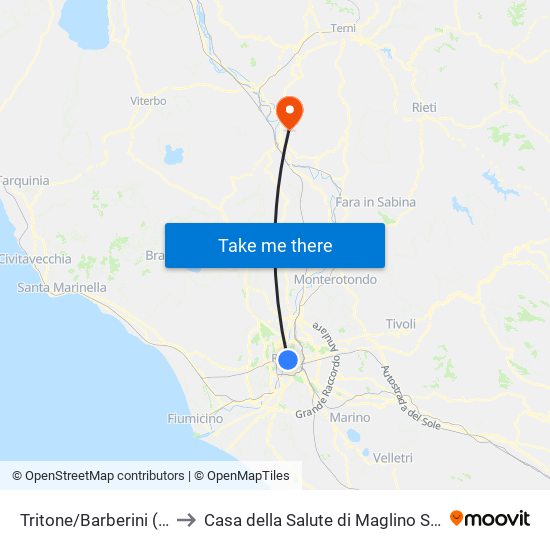 Tritone/Barberini (Ma) to Casa della Salute di Maglino Sabina map