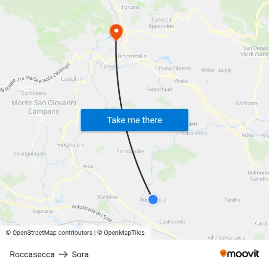 Roccasecca to Sora map