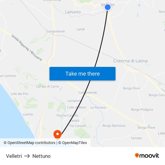 Velletri to Nettuno map