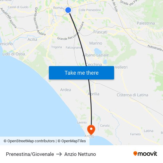 Prenestina/Giovenale to Anzio Nettuno map