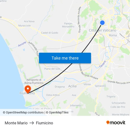 Monte Mario to Fiumicino map