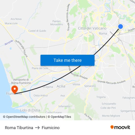 Roma Tiburtina to Fiumicino map