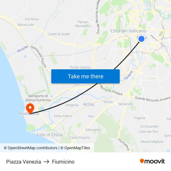 Piazza Venezia to Fiumicino map