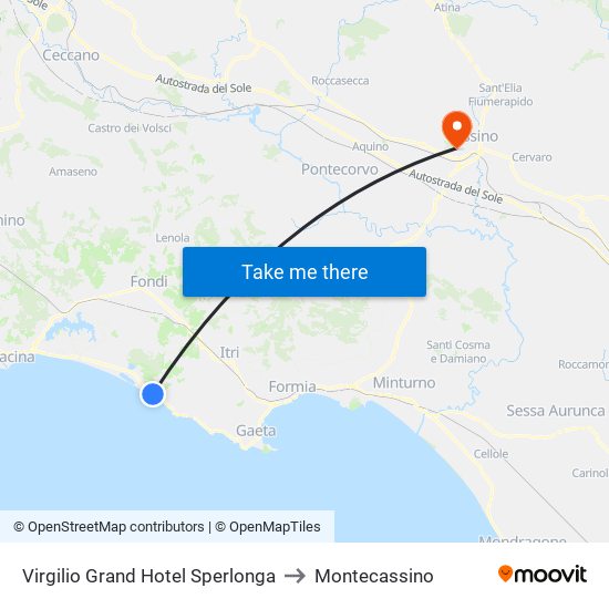 Virgilio Grand Hotel Sperlonga to Montecassino map