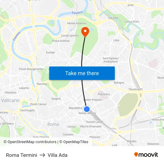 Roma Termini to Villa Ada map
