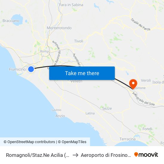 Romagnoli/Staz.Ne Acilia (Rl) to Aeroporto di Frosinone map