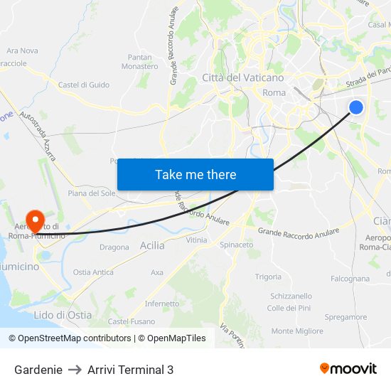 Gardenie to Arrivi Terminal 3 map