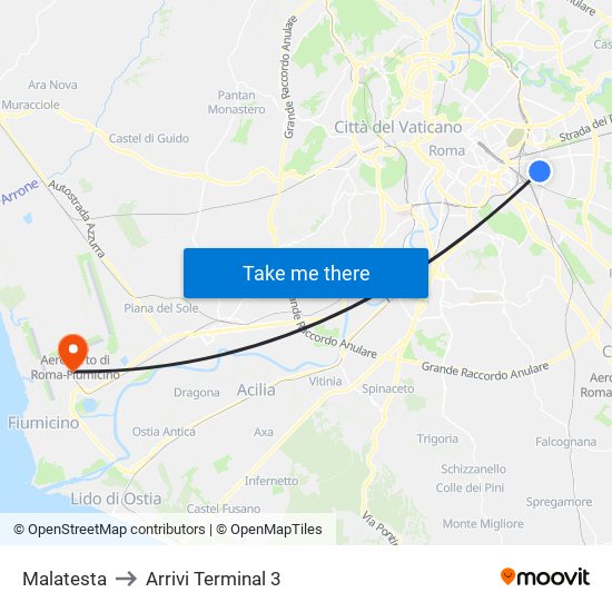 Malatesta to Arrivi Terminal 3 map