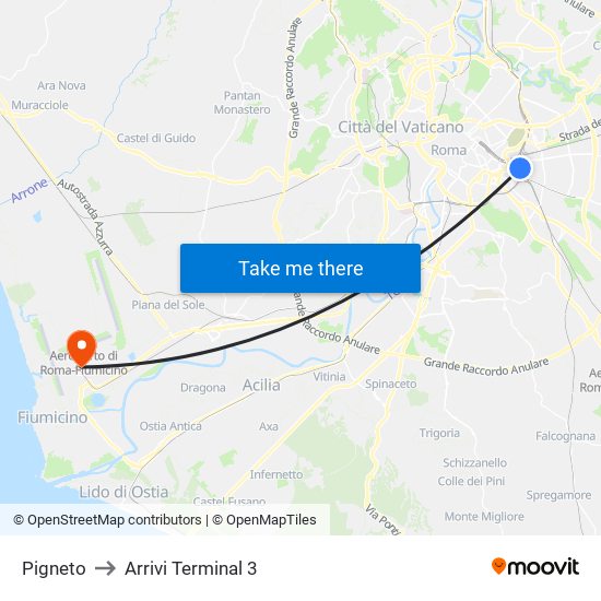 Pigneto to Arrivi Terminal 3 map