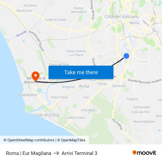 Roma | Eur Magliana to Arrivi Terminal 3 map
