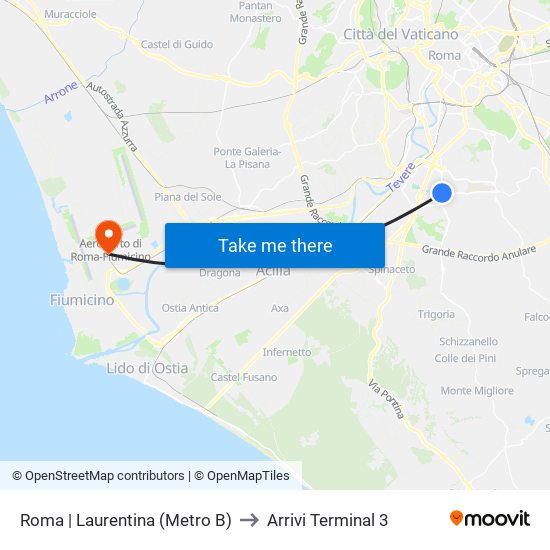 Roma | Laurentina (Metro B) to Arrivi Terminal 3 map