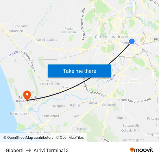 Gioberti to Arrivi Terminal 3 map