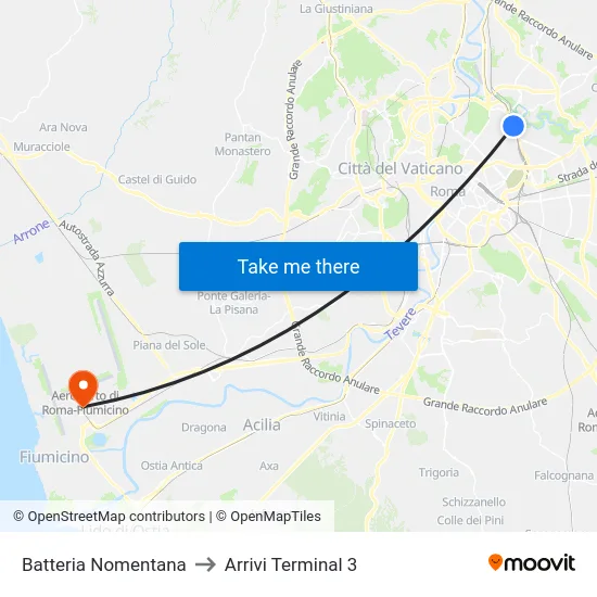 Batteria Nomentana to Arrivi Terminal 3 map