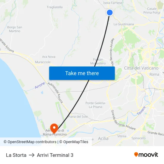 La Storta to Arrivi Terminal 3 map