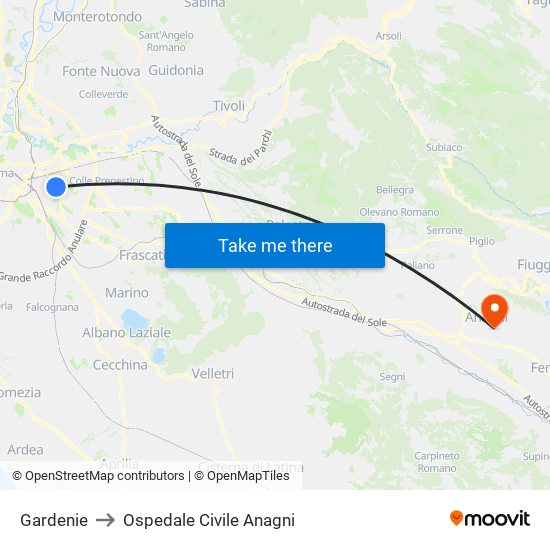 Gardenie to Ospedale Civile Anagni map
