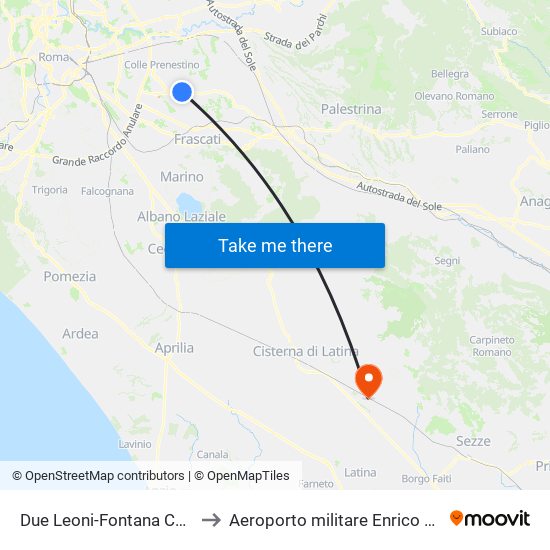 Due Leoni-Fontana Candida to Aeroporto militare Enrico Comani map