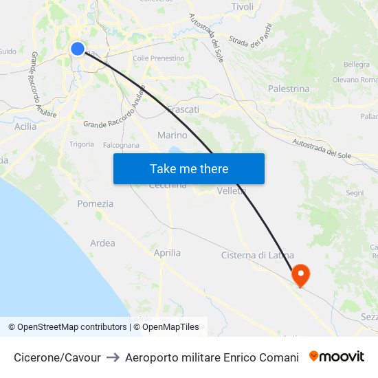 Cicerone/Cavour to Aeroporto militare Enrico Comani map