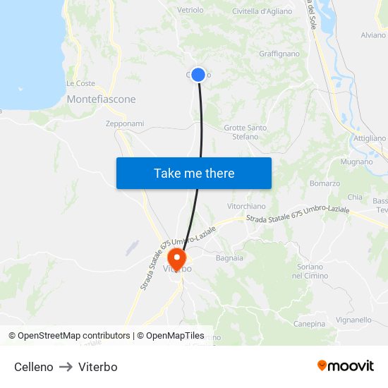 Celleno to Viterbo map
