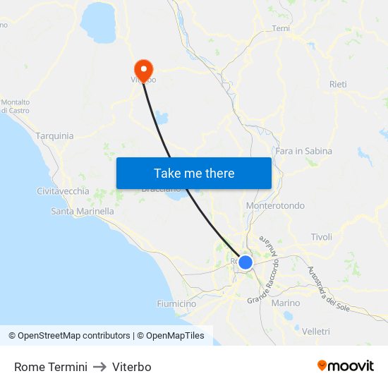 Rome Termini to Viterbo map