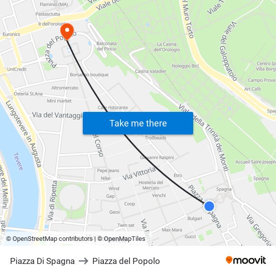 Piazza Di Spagna to Piazza del Popolo map