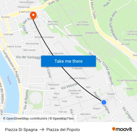 Piazza Di Spagna to Piazza del Popolo map