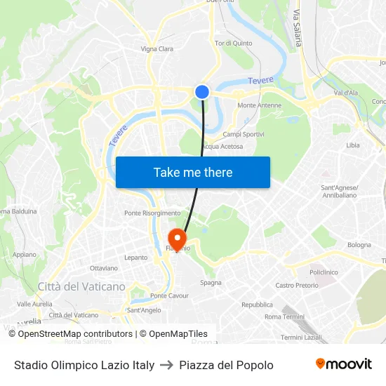 Stadio Olimpico Lazio Italy to Piazza del Popolo map