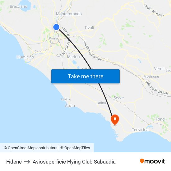 Fidene to Aviosuperficie Flying Club Sabaudia map