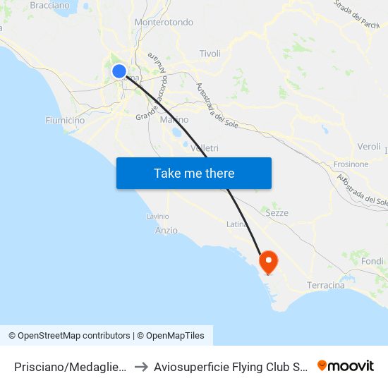 Prisciano/Medaglie D'Oro to Aviosuperficie Flying Club Sabaudia map